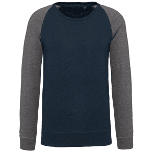 Tweekleurige herensweater BIO French Terry ronde hals raglanmouwen