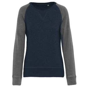 Tweekleurige damessweater French Terry BIO ronde hals raglanmouwen