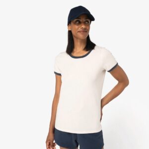 Ecologisch ringer dames T-shirt met contrasterende boorden en verwassen look