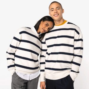 Ecologische gestreepte uniseks sweater met ronde hals en afhangende schouders