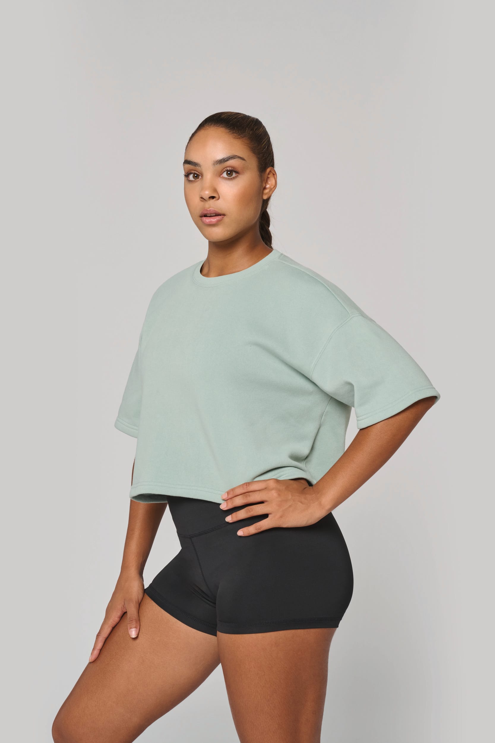Cropped damessweater met korte mouwen en ronde hals